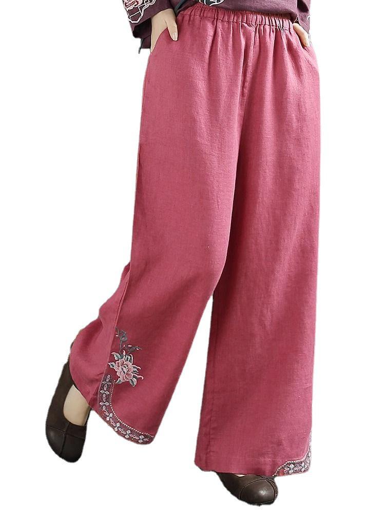 Tide Women's Spring Elastic Waist Cotton Linen Straight Leg Pants with Retro Embroidery