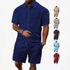 Men's summer new casual button solid color cross-grain towel jacquard cloth short-sleeved shorts set