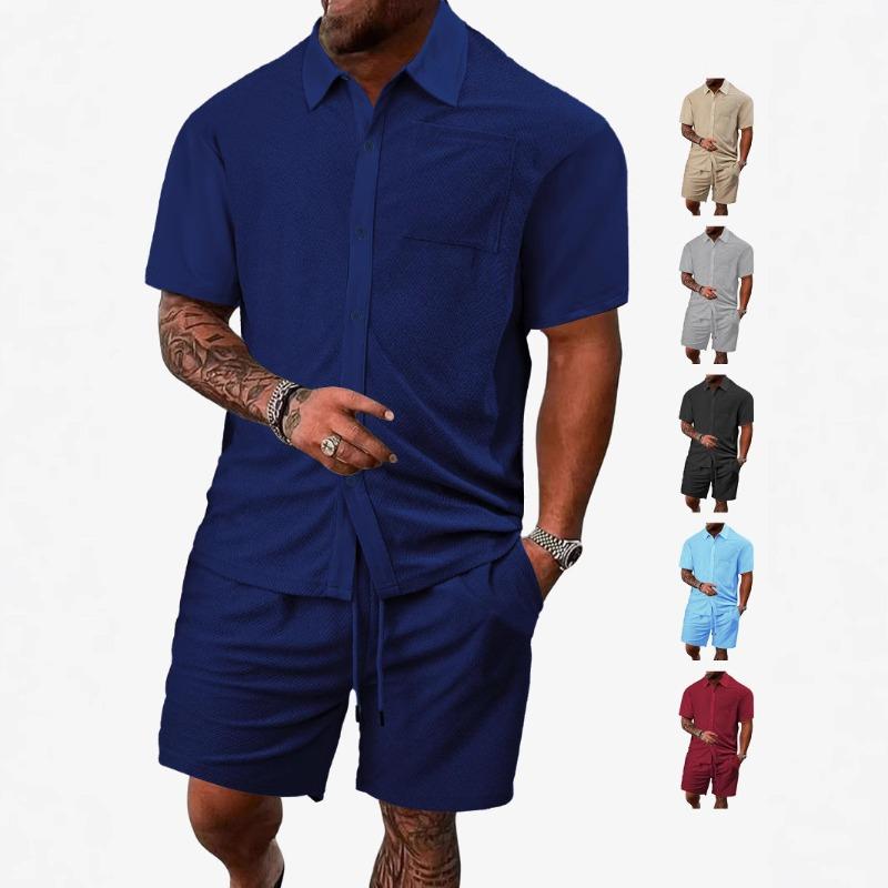 Men's summer new casual button solid color cross-grain towel jacquard cloth short-sleeved shorts set
