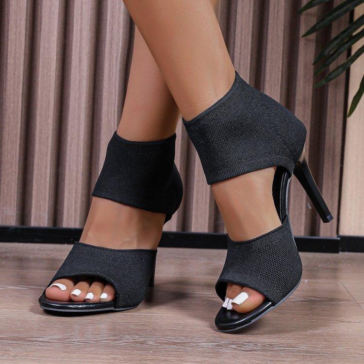 Large size high-heeled suede fly-woven fish mouth sandals summer new fashion European and American style hollow women's shoes