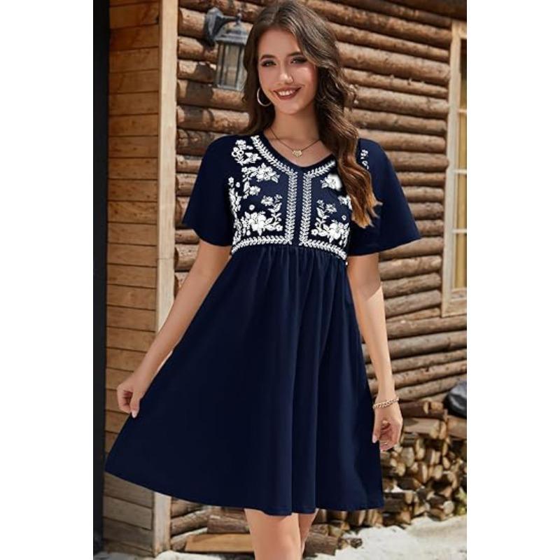 YYFS Women's Fashion Summer Spring Flower Pattern Print Short Sleeve V-Neck High Waist Casual Dresses