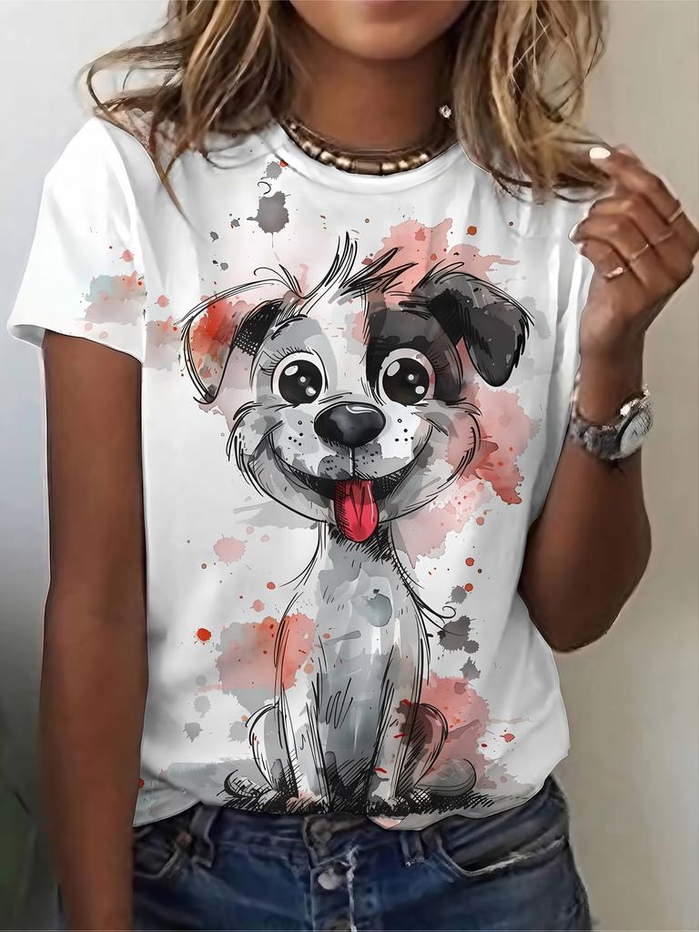 Damen Niedliche T-Shirts Rundhals Kurzarm Cartoon Hund Druck T-Shirt Damen Outfits Lässig Tägliche Kleidung