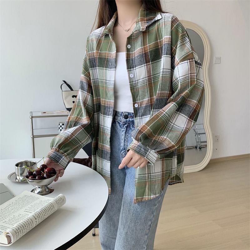 Kareli Gömlek Kadın Sonbahar Uzun Kollu Üst Kadın Vintage Moda Tek Düğmeli Bluz Bayan Preppy Tarz Bol Kareli Gömlekler