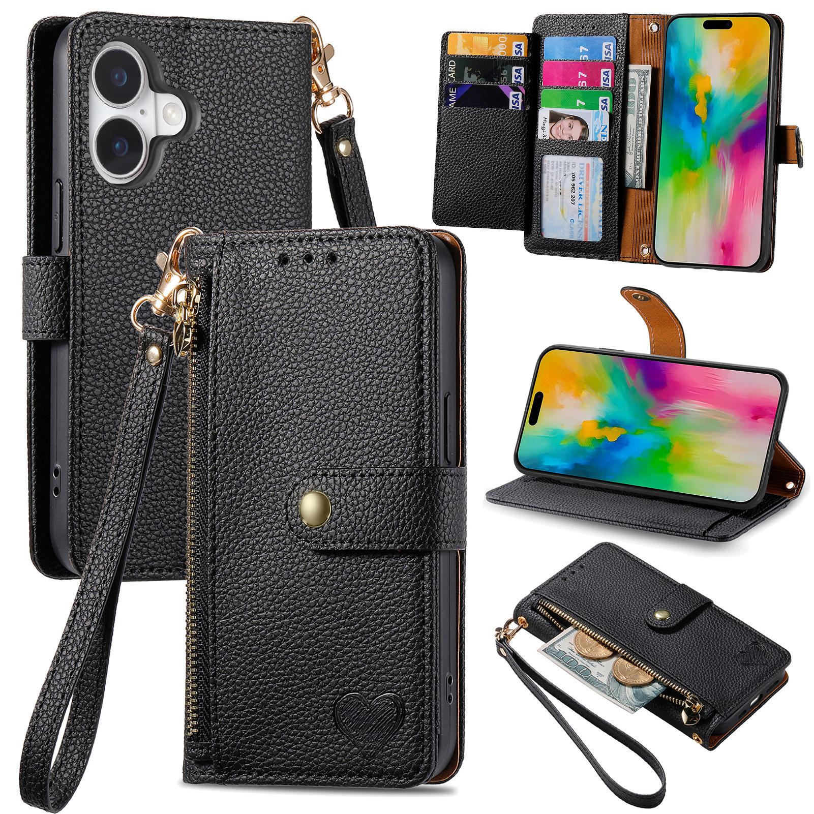 

For iPhone 16 Case RFID Blocking Zipper Pocket Leather Wallet Phone Cover Black