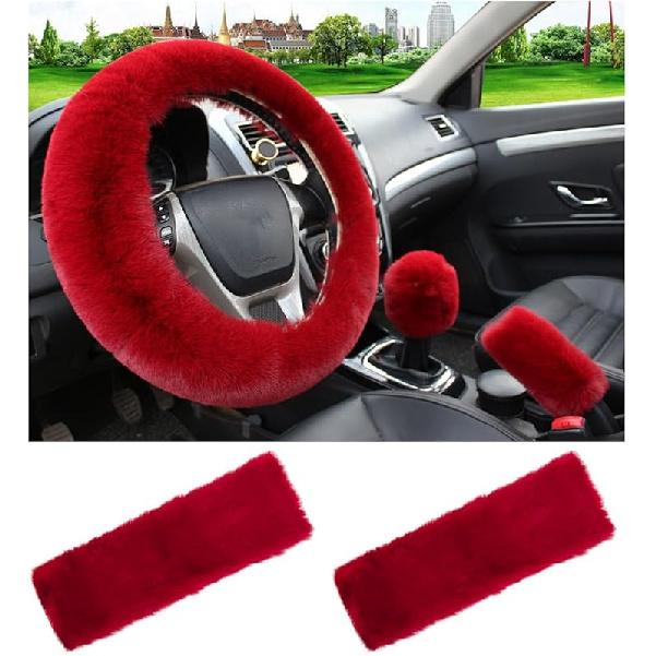5 PCS Fluffy Steering Wheel Covers Set, Faux Wool Steering Wheel Cover & Handbrake Cover & Gear Shift Cover & 2 Seat Belt Shoulder Pads, Universal