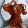 Three-piece bikini waist one-piece swimsuit high waist printed drawstring long-sleeved mesh yarn