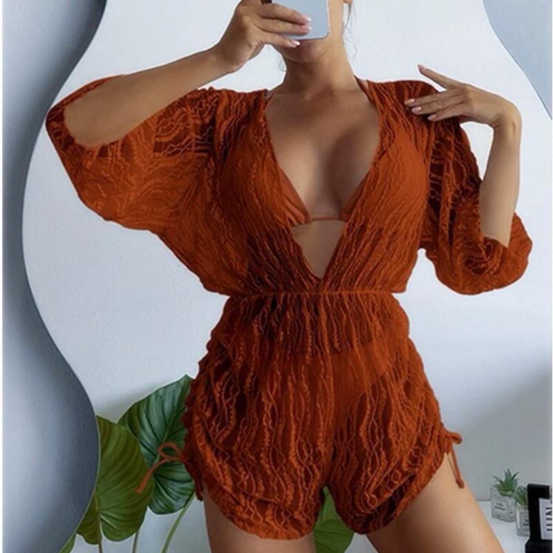 Three-piece bikini waist one-piece swimsuit high waist printed drawstring long-sleeved mesh yarn