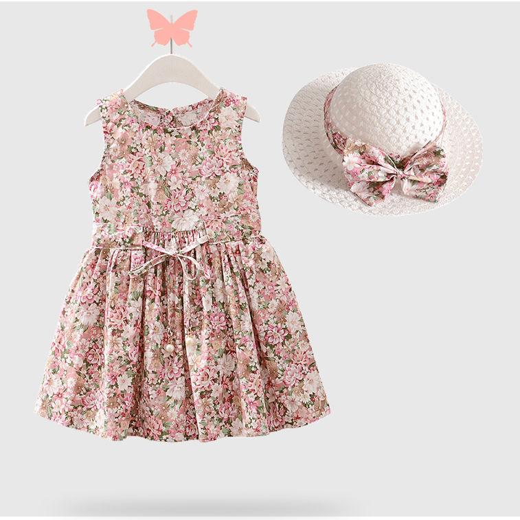 2 Teile/satz Mädchen Kleid + Hut Baumwolle Komfortable kinder Kleid Sommer Kleid Floral Mädchen Ärmelloses Kleid Für Kinder