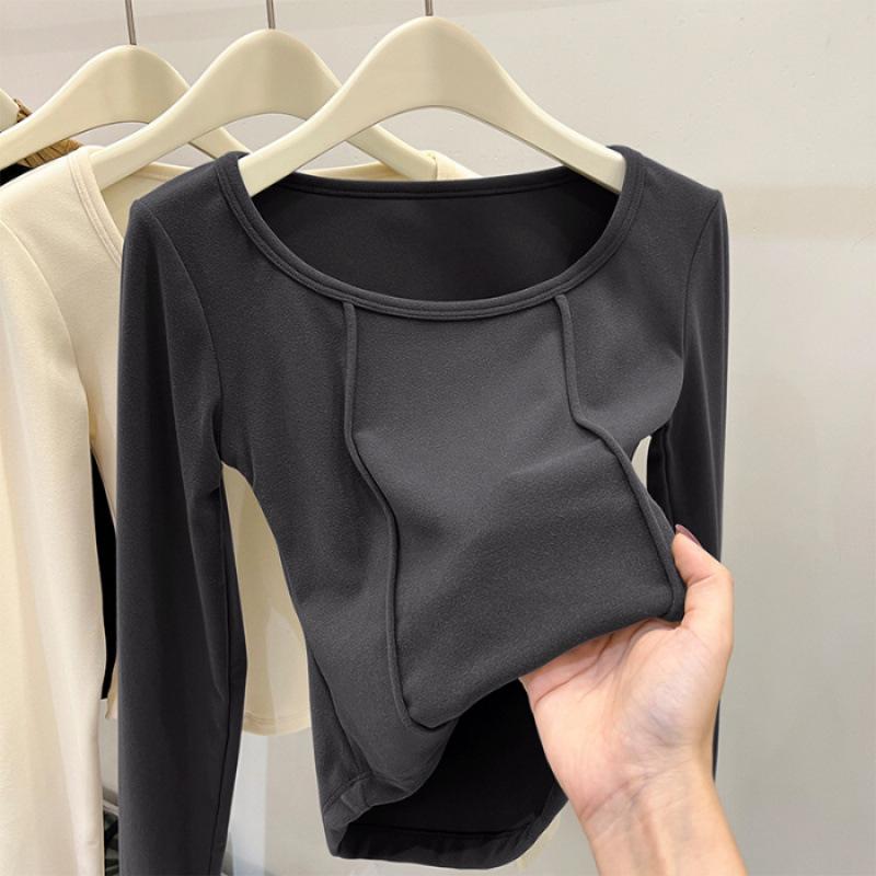 

Женская базовая футболка с квадратным вырезом, новая осенне-зимняя короткая футболка, облегающий и стройнящий термотоп в стиле Spice Girl XL темно-серого