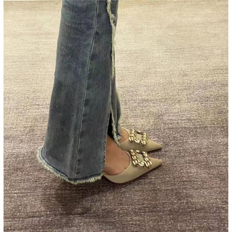 

2022 new square buckle design pointed tip thin heel French small fragrant celebrity nude cut men s high heel single shoes niche 35 телесный