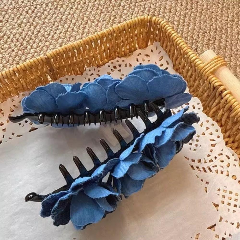 Denim Blue Flower Banana Clips Camellia Floral Twisted Hair Clip Sweet Women Vertical Clip  Spring
