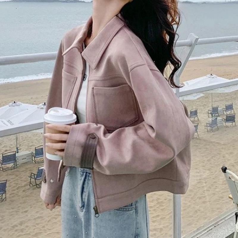 Damen Rosa Wildlederjacke - Frühling/Herbst 2025 Lockerer Lässiger Vielseitiger Stil