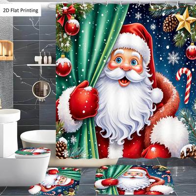 4Pcs Christmas Santa Claus Curtain Ornament Themed Shower Curtain Set with Non-Slip Bath Mat, Toilet Lid Cover, Contour Rug & 12 Hooks, Bathroom Decor