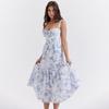 Summer Women Sleeveless Halter Square Neck Pleated Print Ankle Length Dress
