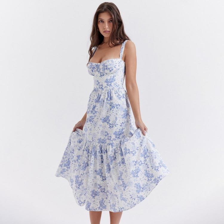 Summer Women Sleeveless Halter Square Neck Pleated Print Ankle Length Dress