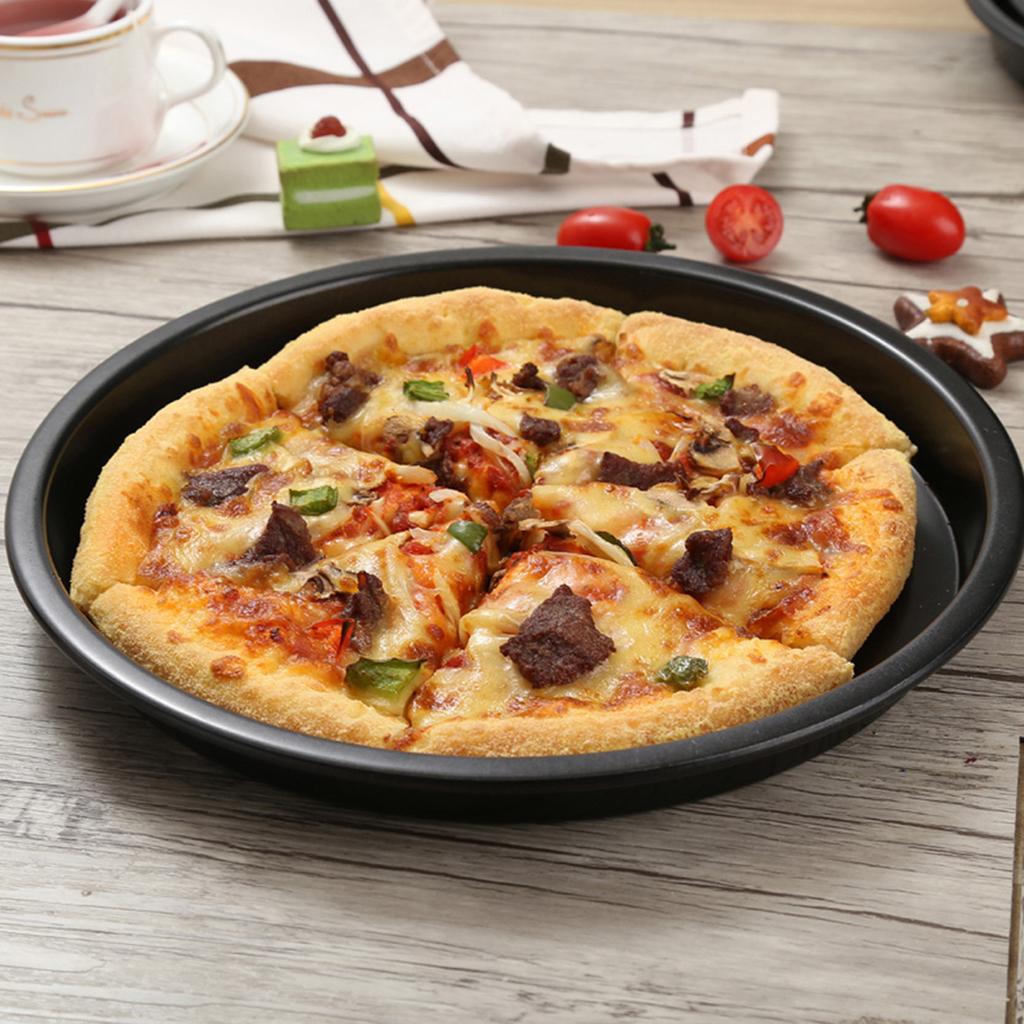 8in Kitchen Non-stick Black Carbon Steel Round Pizza Tray Baking Pan Plate Mold Tool