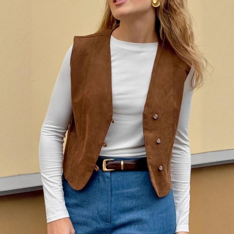 Damen S Brauner Wildlederweste V-Ausschnitt Knöpfe Lässig Streetstyle