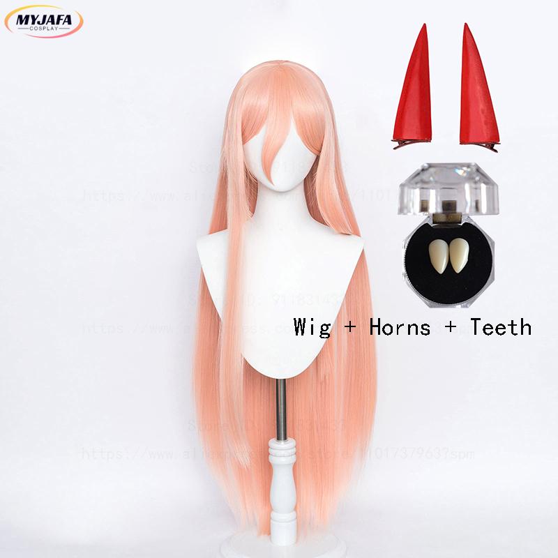 Hoge Kwaliteit Anime Makima Power Cosplay Pruik Lang Oranje Roze Hittebestendig Synthetisch Haar Feest Rolspel Pruiken + Pruikenkapje + Hoorns One Size