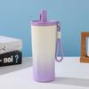 Gradient Color Minimalist Handle Strap Insulated Stainless Steel Vacuum Travel Mug With Straw Lid 600ml