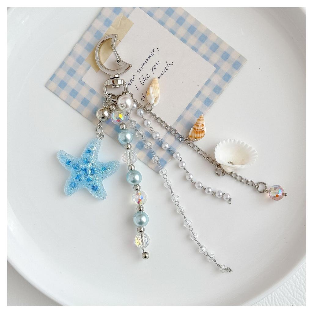 Beach Blue Glitter Starfish Beaded Women Shell Conch Pendant Mixed Pearl Crystal Bead Dangle Clip Bag Charm Accessories Bag Charm