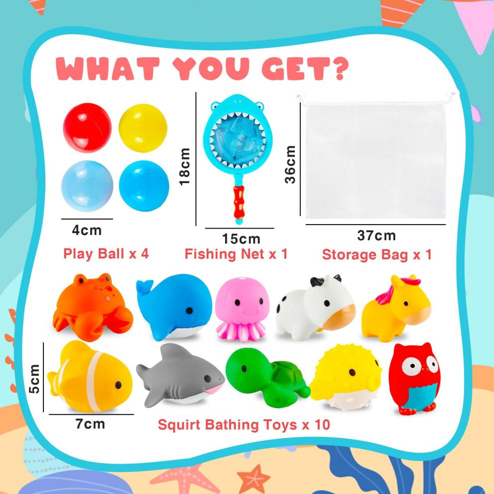 16pcs Baby Bath Toys Set with 10 Bath Squirt Toys, 1 Net, 1 bath toy storage net bag, 4 play balls, Baby Bath Tub Toys Paddling Pool Toys Water Toys