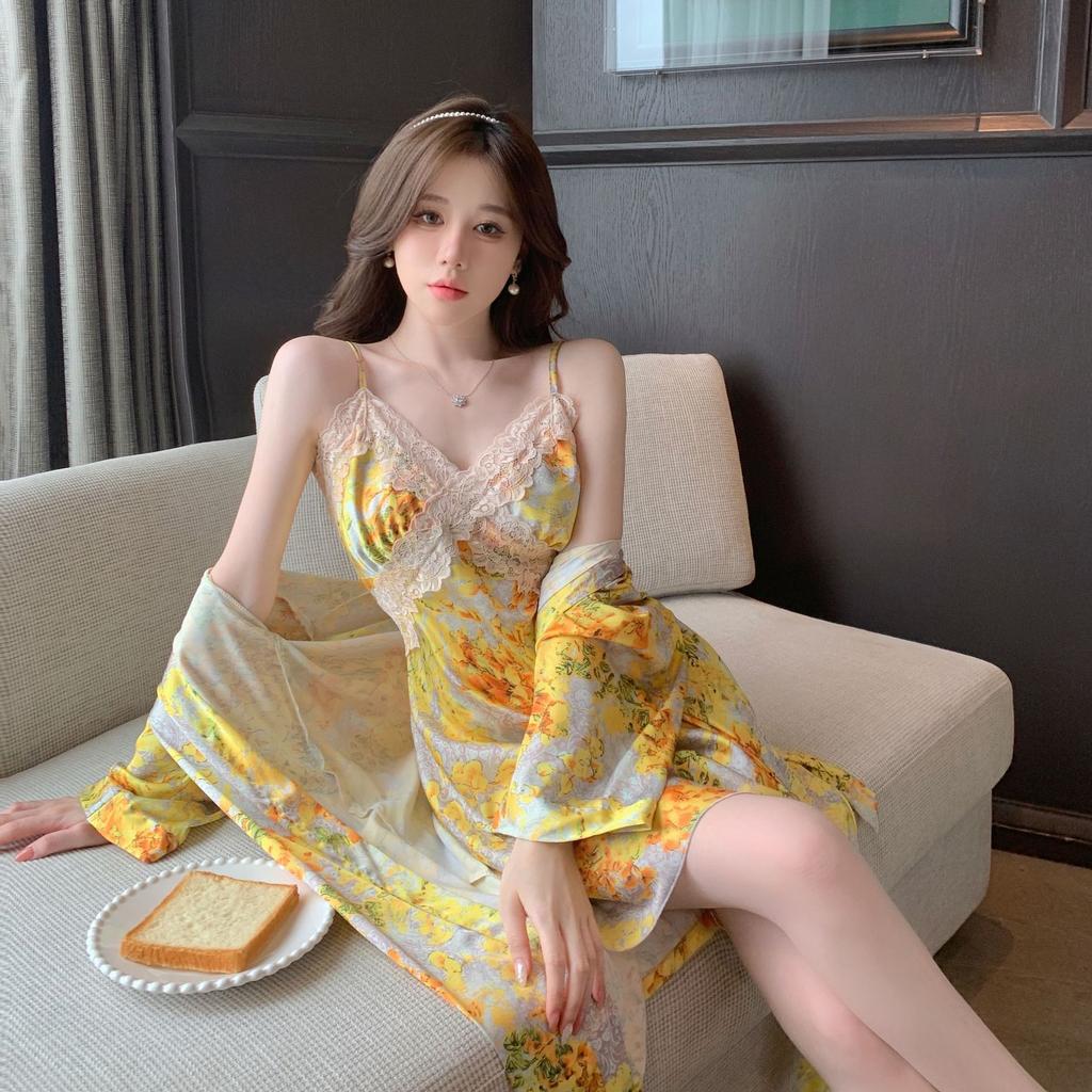 Summer new loungewear pajamas set sexy floral gold robe breathable with chest pad splicing fashionable