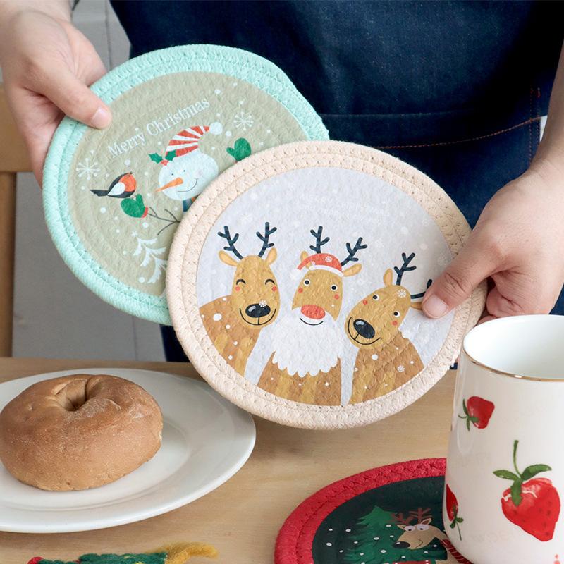 Christmas Cotton Rope Round Coasters Heat Insulation Non-Slip Durable Printed Coaster Home and Decoration Kitchen Utensils