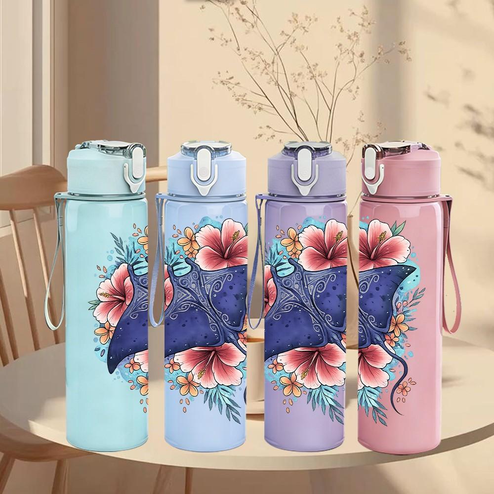 1PC Blue Butterfly Flower Art Print 750ml Color Plastic Sports Water Bottle Leakproof Flip Straw Lid Suitable for Sports Office Home Use