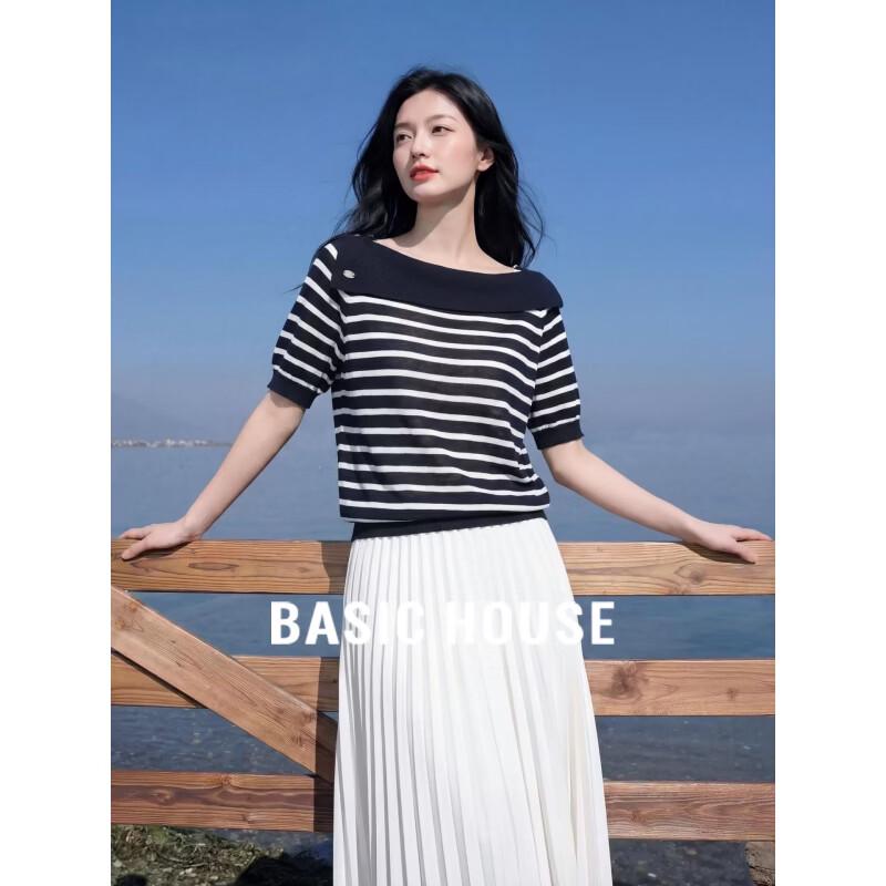 Basic House Women s Striped Tencel One-Shoulder Knit Top L