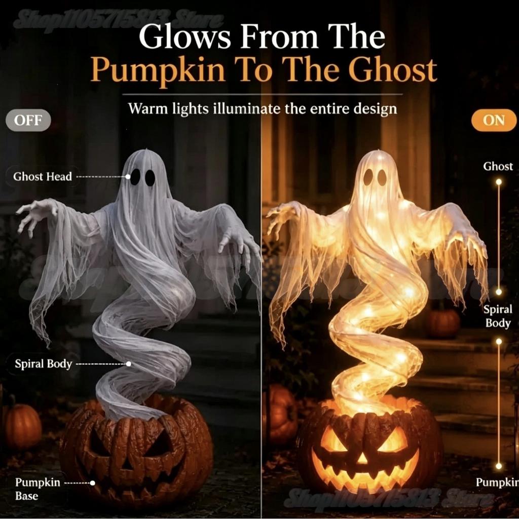 Lampă de Curte Dovleac Fantomatic Rotativ, Lumină de Sol pentru Grădină LED de Halloween | Decor Dovleac Fantomatic Iluminat de Exterior pentru Halloween