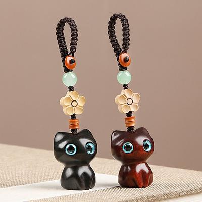 Pendentif de téléphone Décoration Anneau pour téléphone portable Porte-clés Sangle Pendentif Chat porte-bonheur Porte-clés en bois de santal
