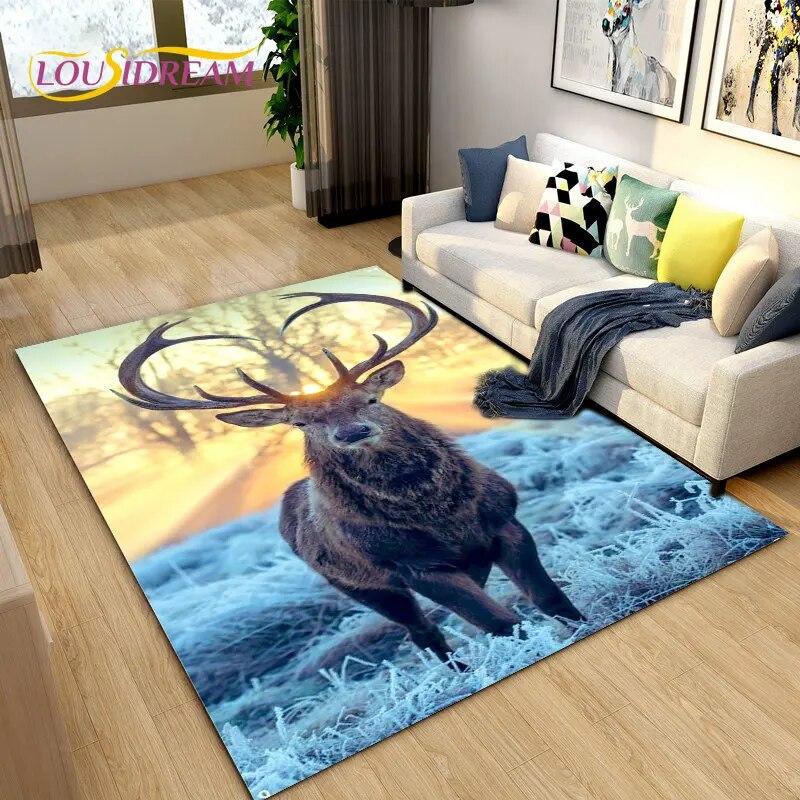 3D Cartoon Nordic Elk Reindeer Area Rug,Carpet Rug for Living Room Bedroom Sofa Doormat Decoration,Child Play Non-slip Floor Mat