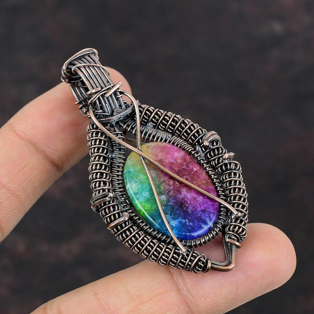 Rainbow Solar Quartz Druzy Copper Wire Wrapped Jewelry Rainbow Moonstone Pendant Copper Gemstone Pendant Handmade Wire Jewelry Gift For Him