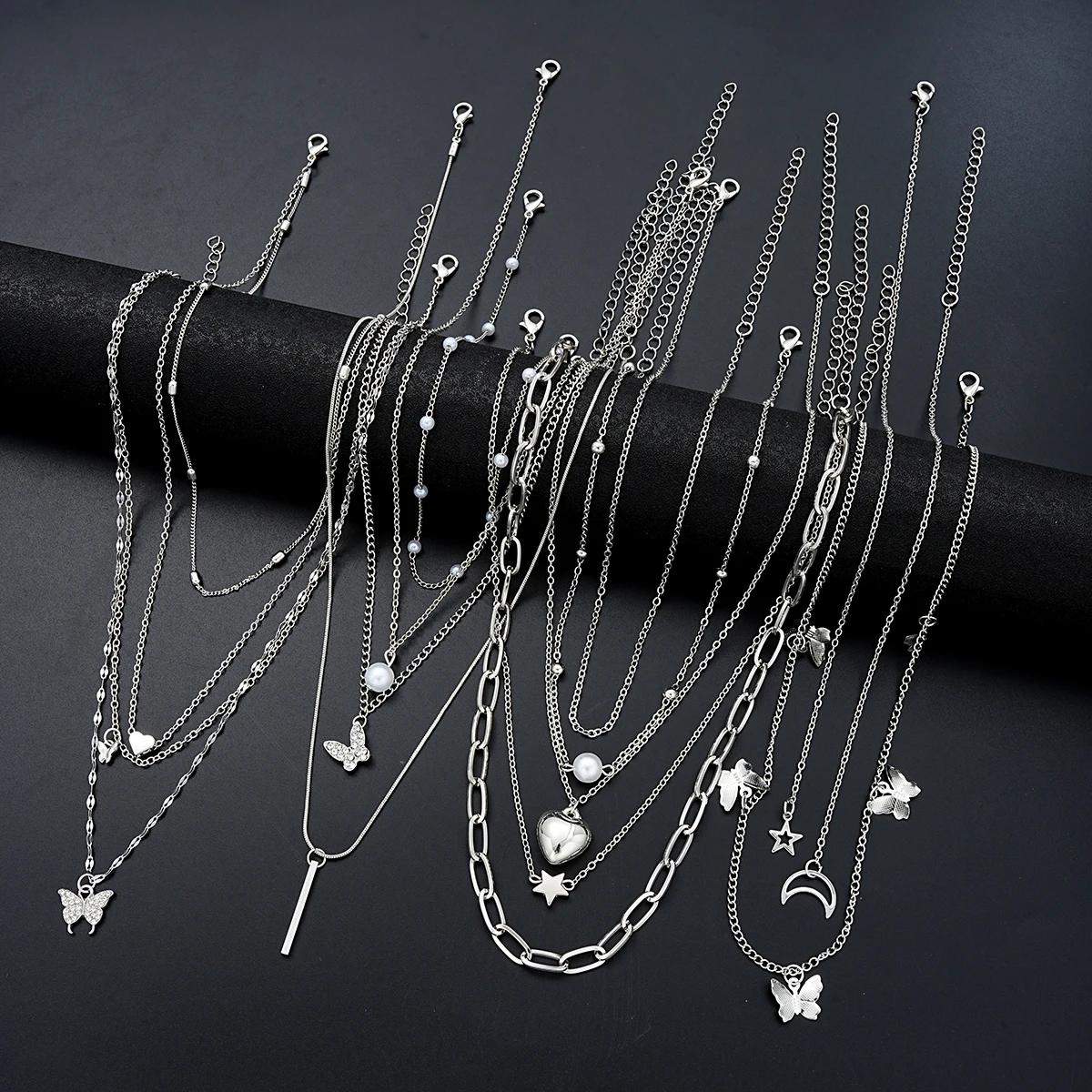 

13Pcs/Set Simple Temperament Necklace Set Butterfly Pearl Heart Star Zircon Silver Color Necklace for Women Fashion Jewelry Gift