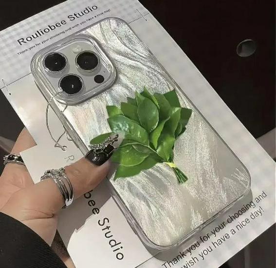 

Large Silver Gauze Mildew-Resistant Case for Apple 17 Pro Max/16, Compatible with 15/13/14 Pro, Yuzu Leaf Design Apple 15 Plus