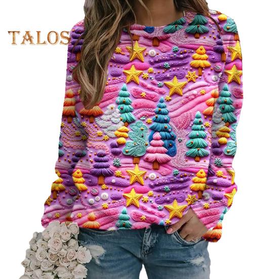 Julegenser Dame 3D Juletre Hus Trykk Rund Hals Langermet Topper Lett Ferie Genser Topper