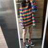 Ny regnbuestripet høsttopp for kvinner langermet t-skjorte dametopp koreansk versjon Harajuku Hong Kong-stil