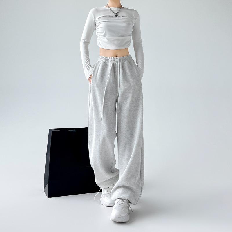 Autumn Sports Casual Loose Wide Leg Pants Women Fashion Solid Elegant High Waist Trousers Women Simple Straight Drawstring Office Ladies Trouser 25681