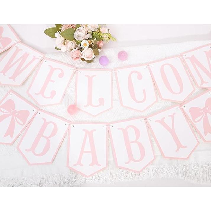 Welcome Baby Party Decorations - Pink Bow Banner,Pink Bow Welcome Baby Banner,Girls Gender Reveal Party Photo Props,Bow Theme Baby Party Hanging