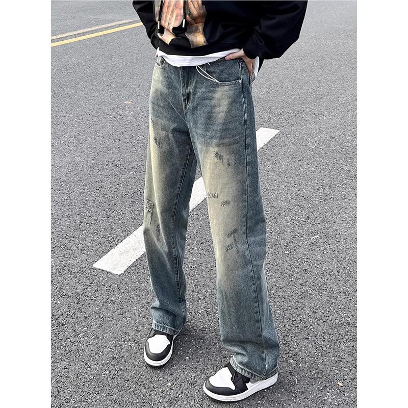 High Street American retro loose straight pants washed old ripped jeans men's ins trendy casual trousers