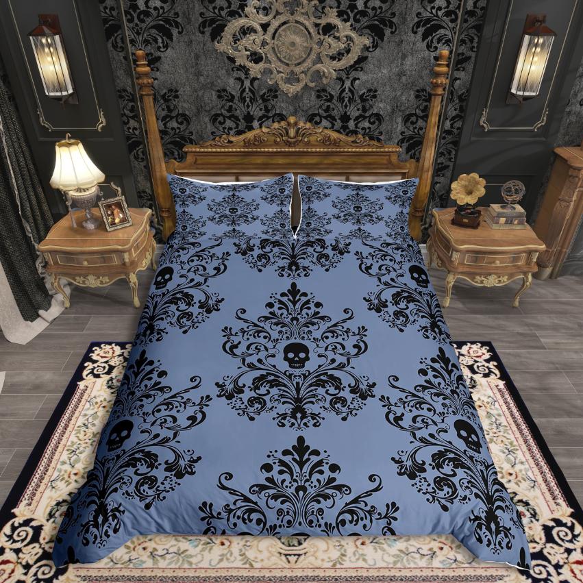 Homewish Vintage Damask Floral Duvet Cover Set,Gothic Skull Comforter Cover Set,Yellow Black Bed Set For Men Women