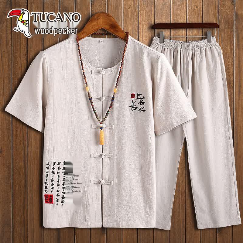 Tucano Men's Summer Casual Cotton-Linen Short-Sleeved Set
