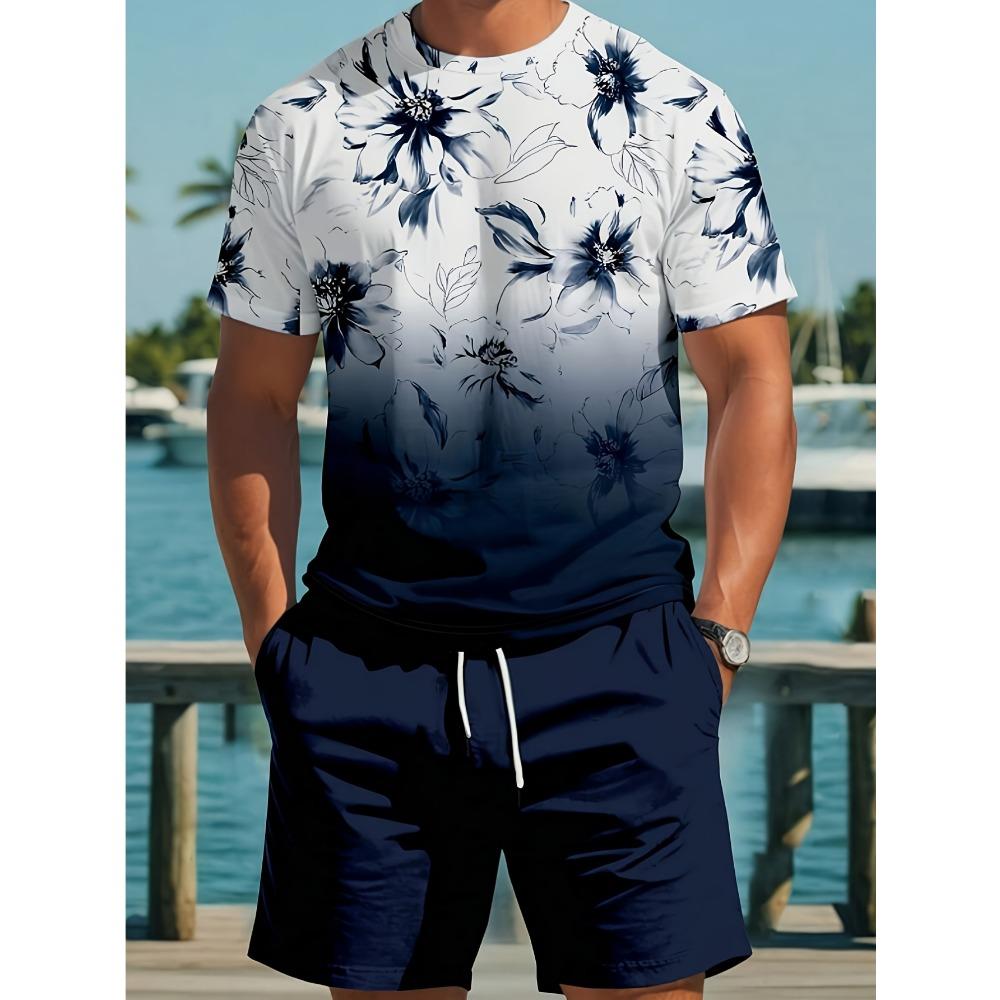 Men s tropical floral print round neck short sleeved set 2XS