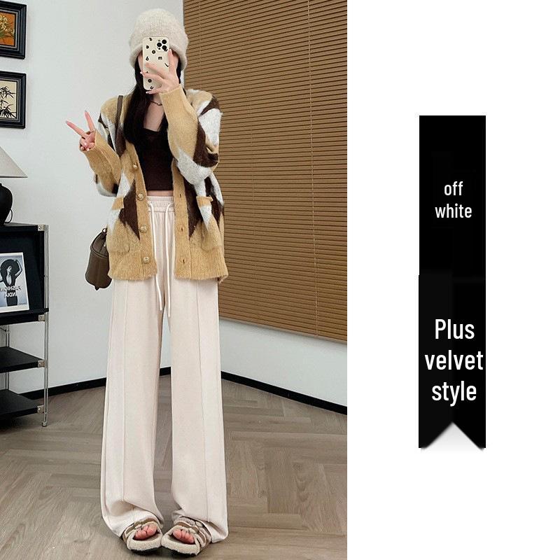 Vlněné kalhoty s vysokým pasem a širokými nohavicemi pro ženy - Plyšové, silné a ležérní na jaro, podzim a zimu