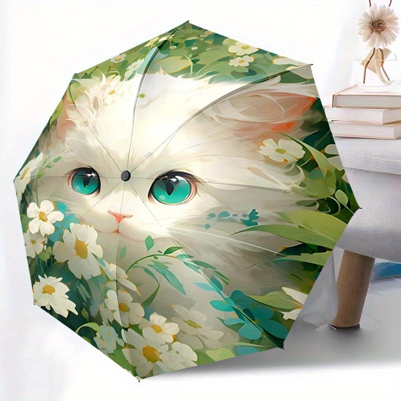 1pc White Cat Cartoon Umbrella, Portable 3-Fold Compact Umbrella, Suitable for Camping, Hiking and Travel, Ideal Easter Birthday Gift for Family