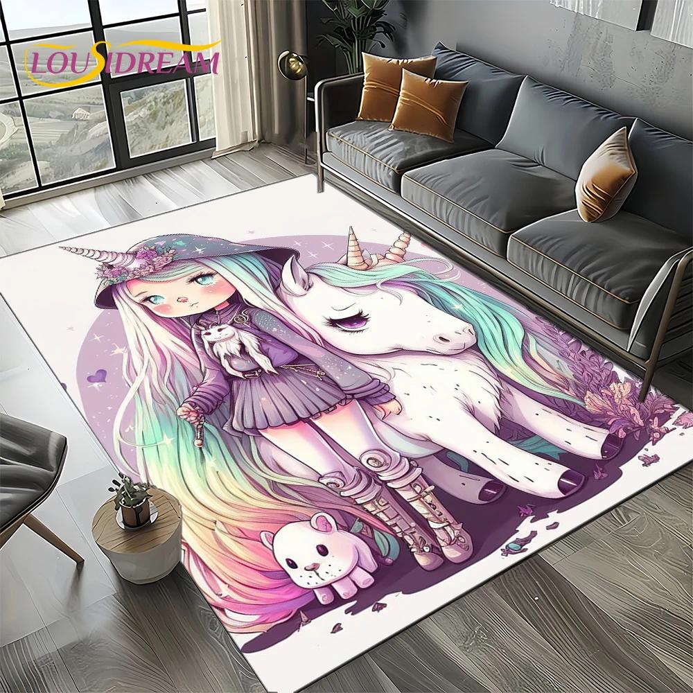 Covor Covoară Stil 27 Unicorn Desen Animat Fată Vis pentru Living Dormitor Decor Acasă Sofă, Covor Zonă Copii Covoraș de Podea Antiderapant Cadou