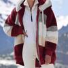 Autumn and Winter Warm Plush Patchwork Zipper Pocket Hooded Loose Women's Coats
