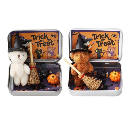 Halloween Bear In A Box Handmade Cute Witch Bear In A Tin for Trick or Treat Miniature Plush Bear with Broom Pumpkin Cat Halloween Party Gift