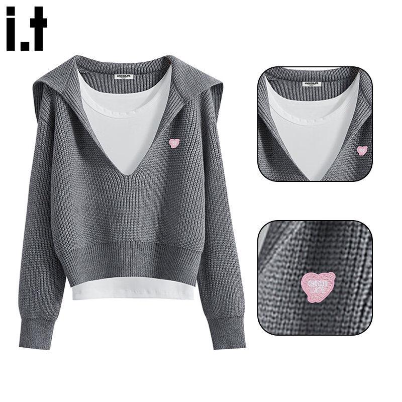 Women s Faux Two-Piece V-Neck Knitted Sweater One Size