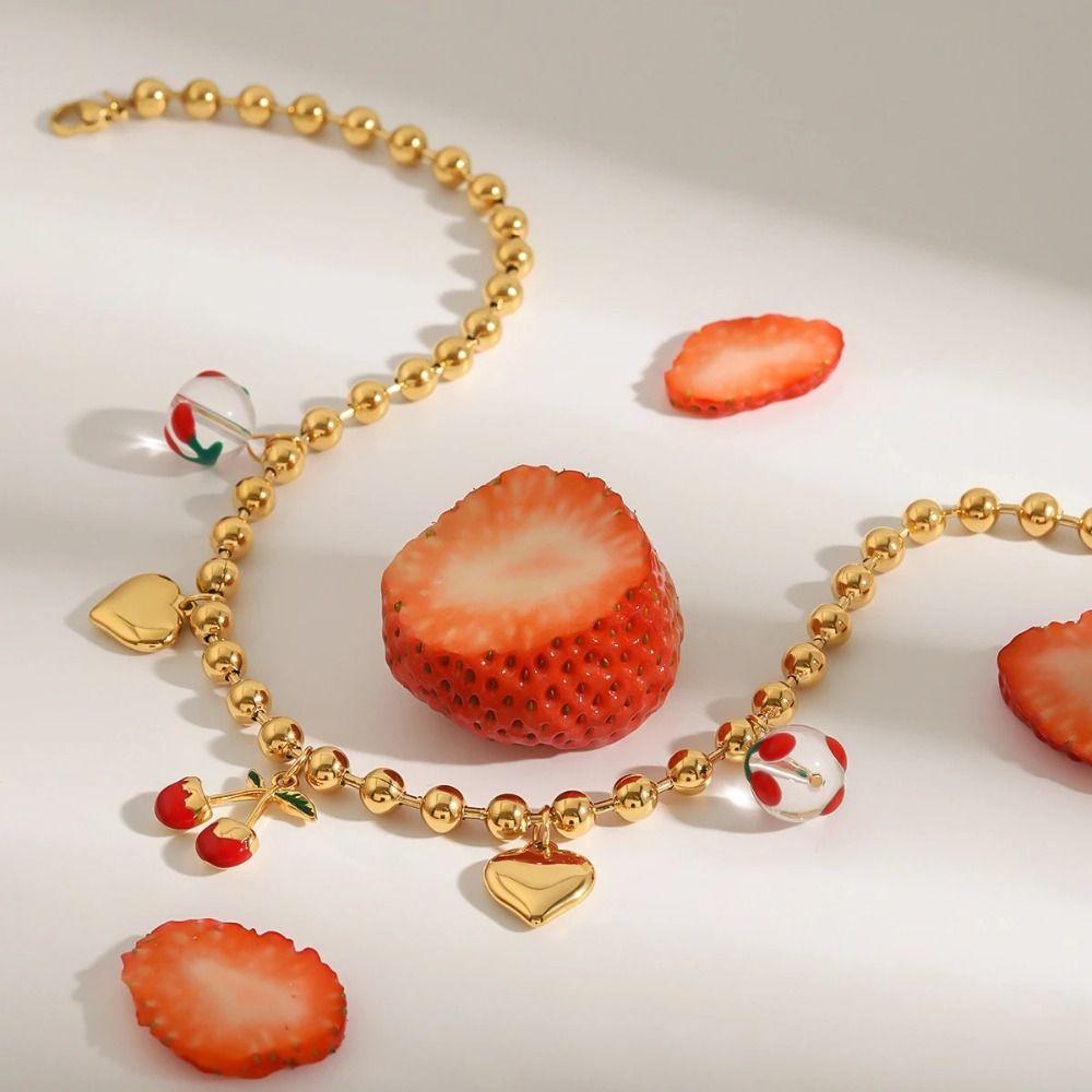 Retro European Style Cherry Bracelet Loveheart Love Chain Choker Strawberry Necklace  Spring